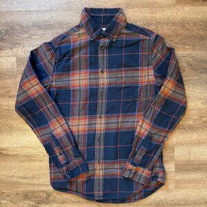 Goodfellow Casual Button Down Mens Small Navy Orange Plaid Rugged Flannel Shirt